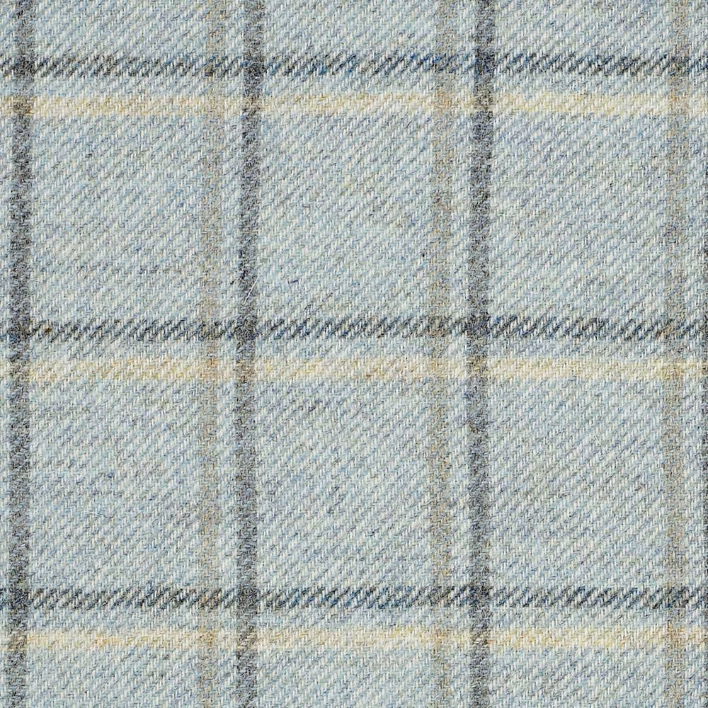 Icy blue-grey plaid fabric with charcoal and cream over a softly textured weave