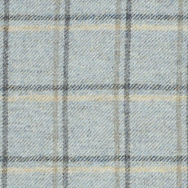 Icy blue-grey plaid fabric with charcoal and cream over a softly textured weave