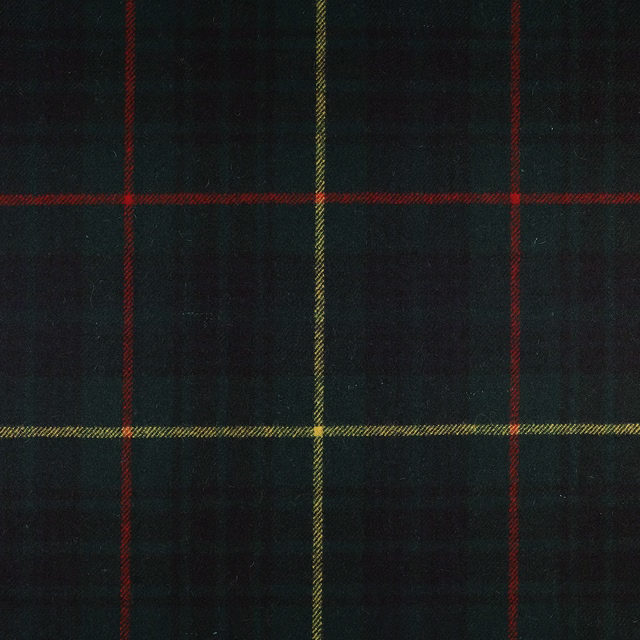 Deep forest-green tartan fabric with red and mustard-yellow lines in a fine weave