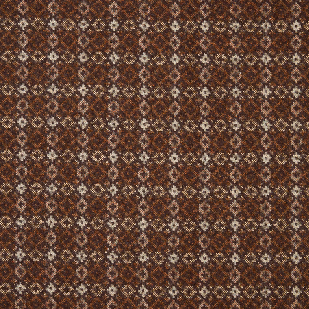 Dense burgundy and brown weave with repeating cream geometric diamonds