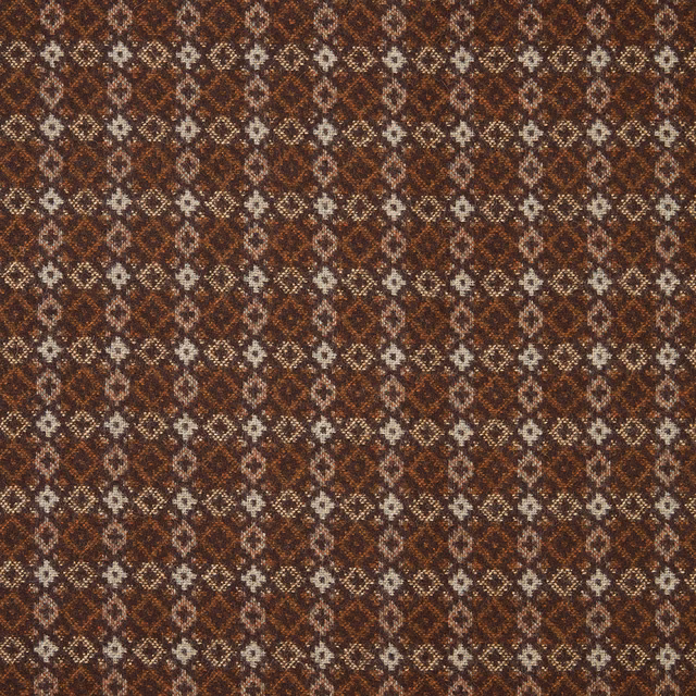 Dense burgundy and brown weave with repeating cream geometric diamonds