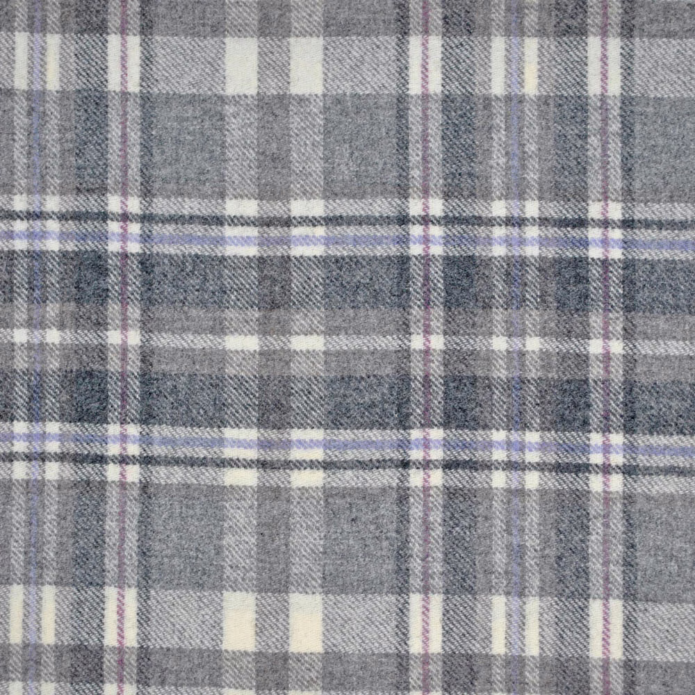 Textured grey plaid fabric with fine lilac, ivory and white intersecting lines