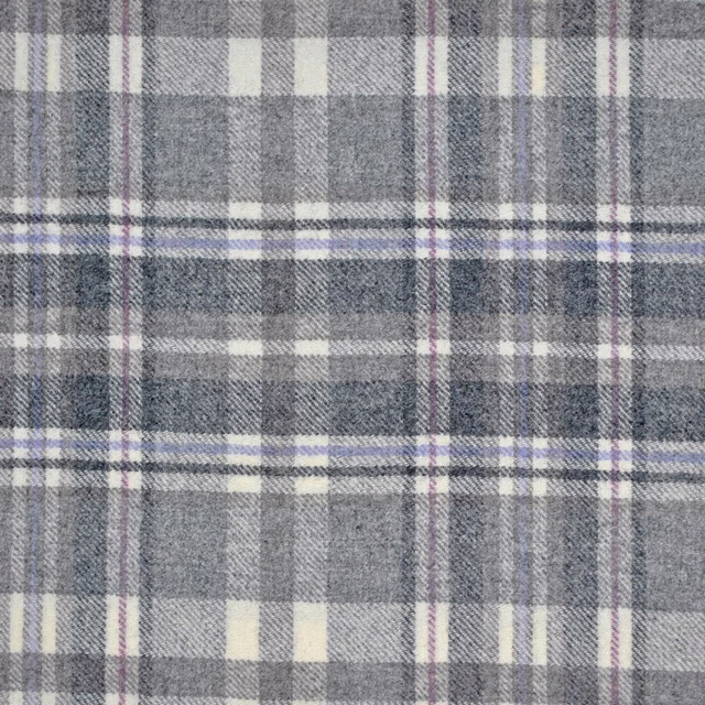 Textured grey plaid fabric with fine lilac, ivory and white intersecting lines