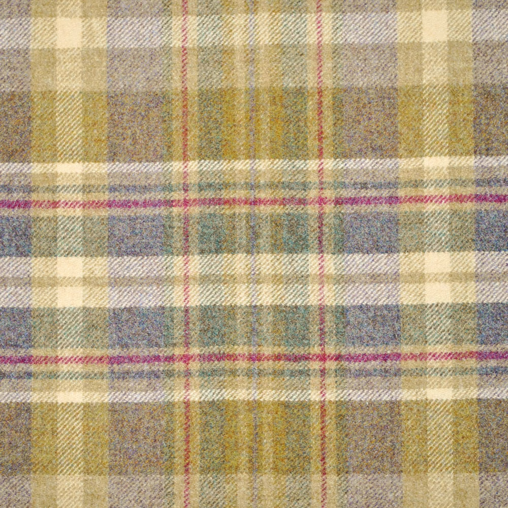 Muted olive and heather plaid with cream checks and a nubby woven surface