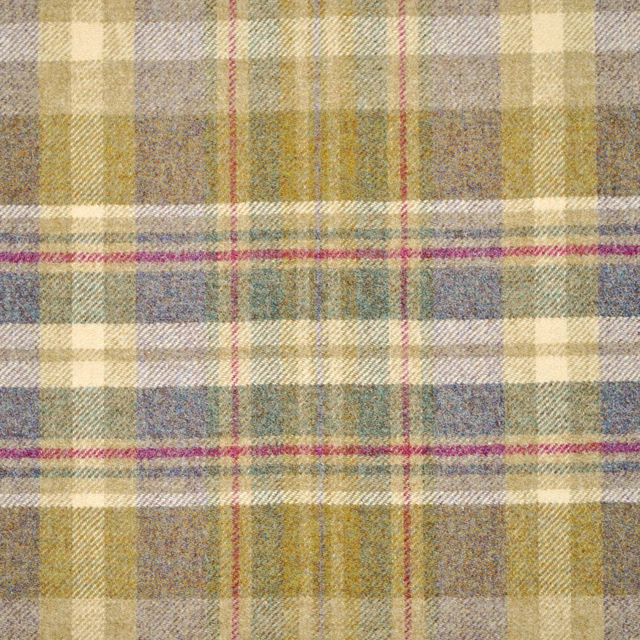 Muted olive and heather plaid with cream checks and a nubby woven surface
