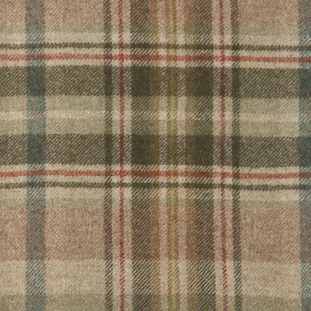 Muted olive plaid with cream, taupe, charcoal and red woven checks