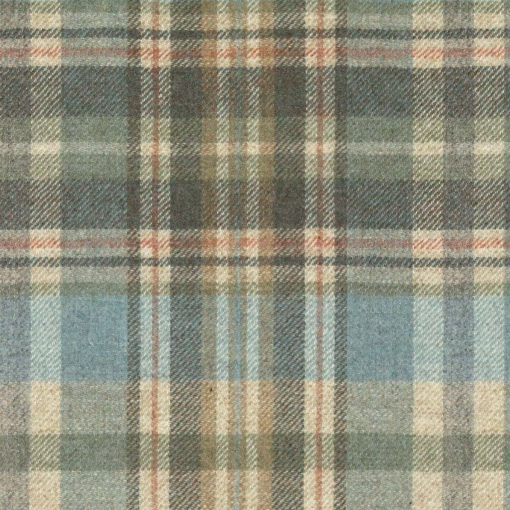 Muted sage and sandalwood plaid with blue-grey checks and russet lines