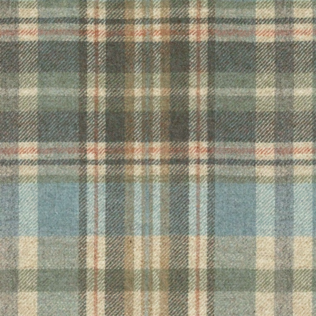Muted sage and sandalwood plaid with blue-grey checks and russet lines