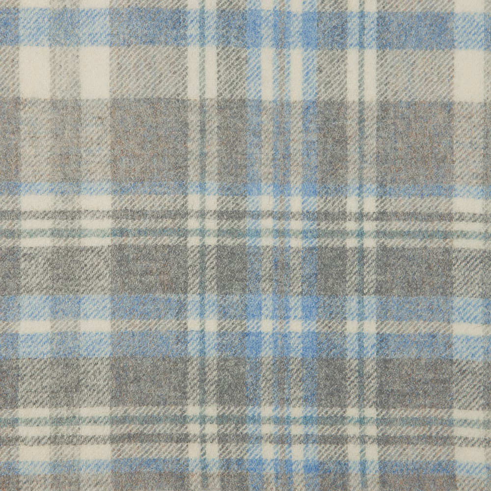 Sky-blue, grey and cream woven plaid with a softly brushed texture