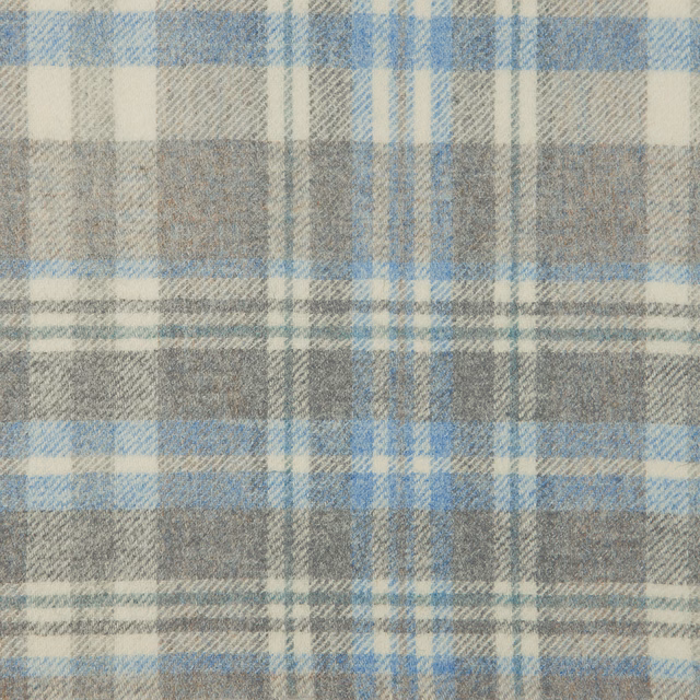 Sky-blue, grey and cream woven plaid with a softly brushed texture