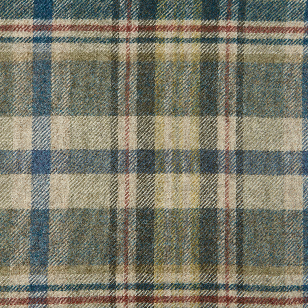Muted teal plaid with cream, olive and burgundy bands in a textured weave