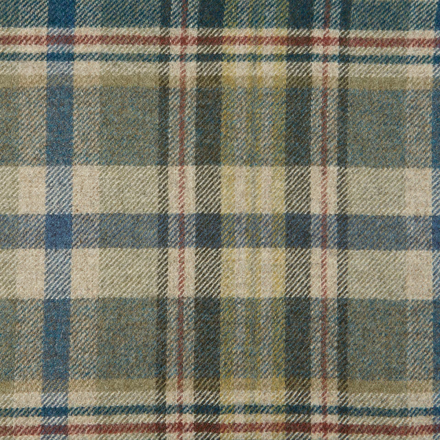 Muted teal plaid with cream, olive and burgundy bands in a textured weave