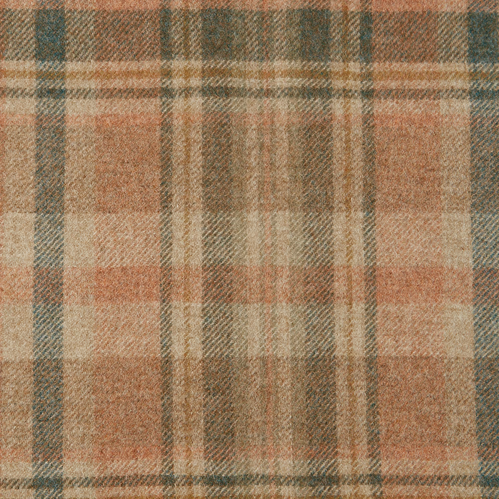 Muted terracotta, sage and cream plaid with a softly textured woven surface
