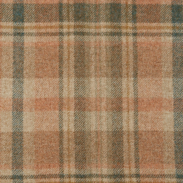 Muted terracotta, sage and cream plaid with a softly textured woven surface