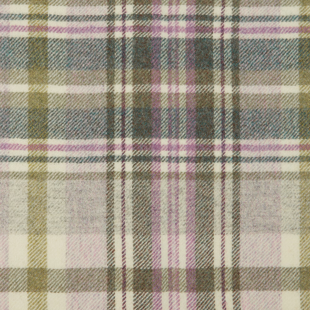 Muted wisteria, olive and grey plaid with a softly textured woven surface