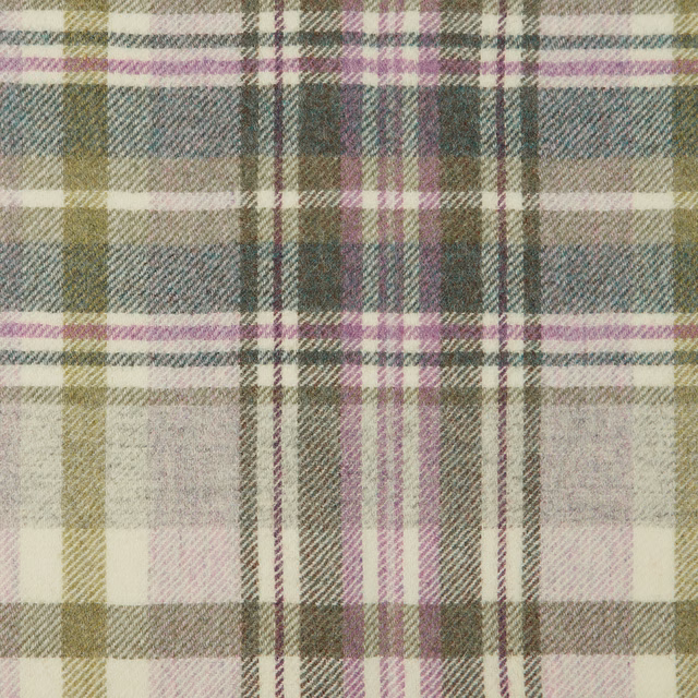 Muted wisteria, olive and grey plaid with a softly textured woven surface