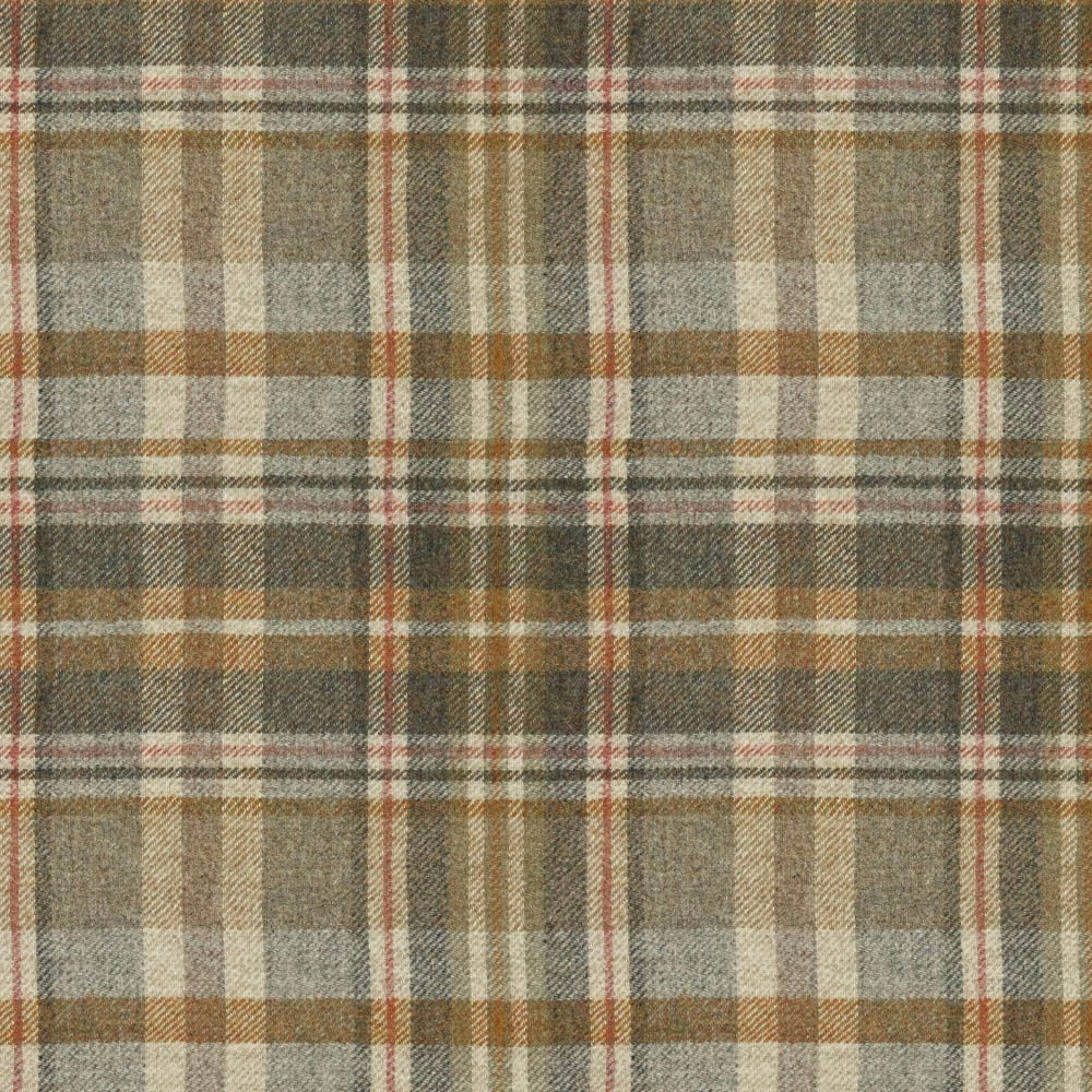 Muted taupe plaid with ochre, blue-grey, cream and pink woven lines