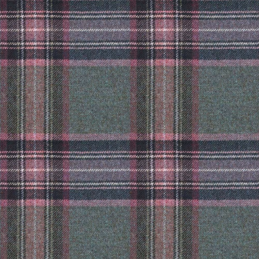 Muted teal and plum plaid with fine charcoal and pale woven lines