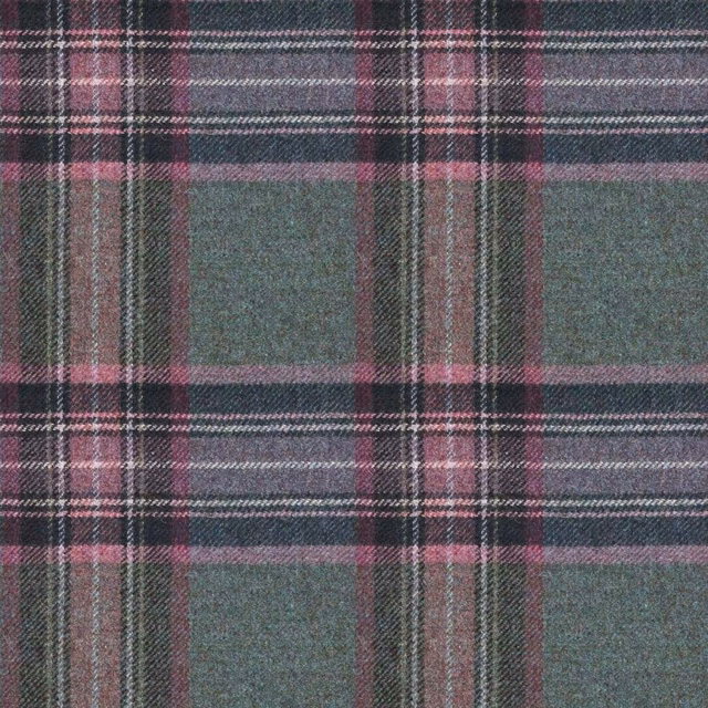 Muted teal and plum plaid with fine charcoal and pale woven lines