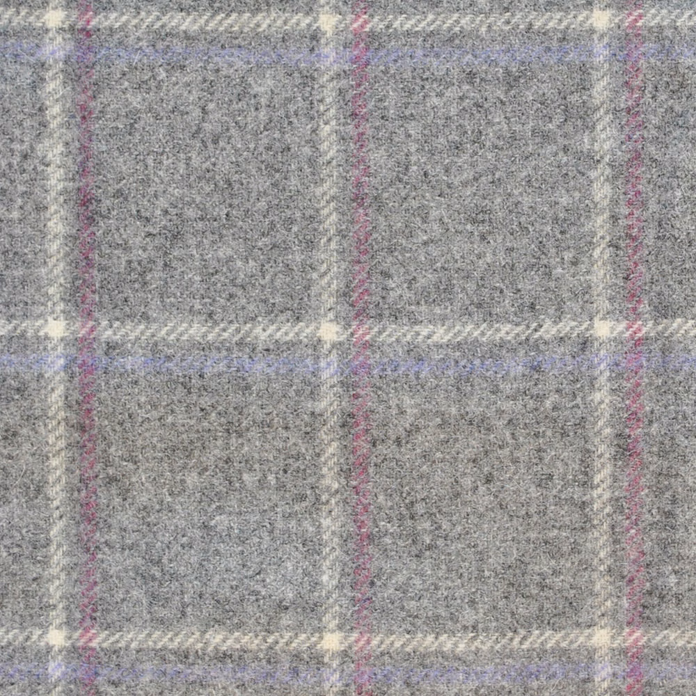 Flecked grey checked textile with lilac, mauve and ivory woven stripes