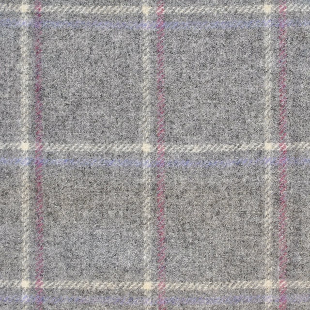 Flecked grey checked textile with lilac, mauve and ivory woven stripes