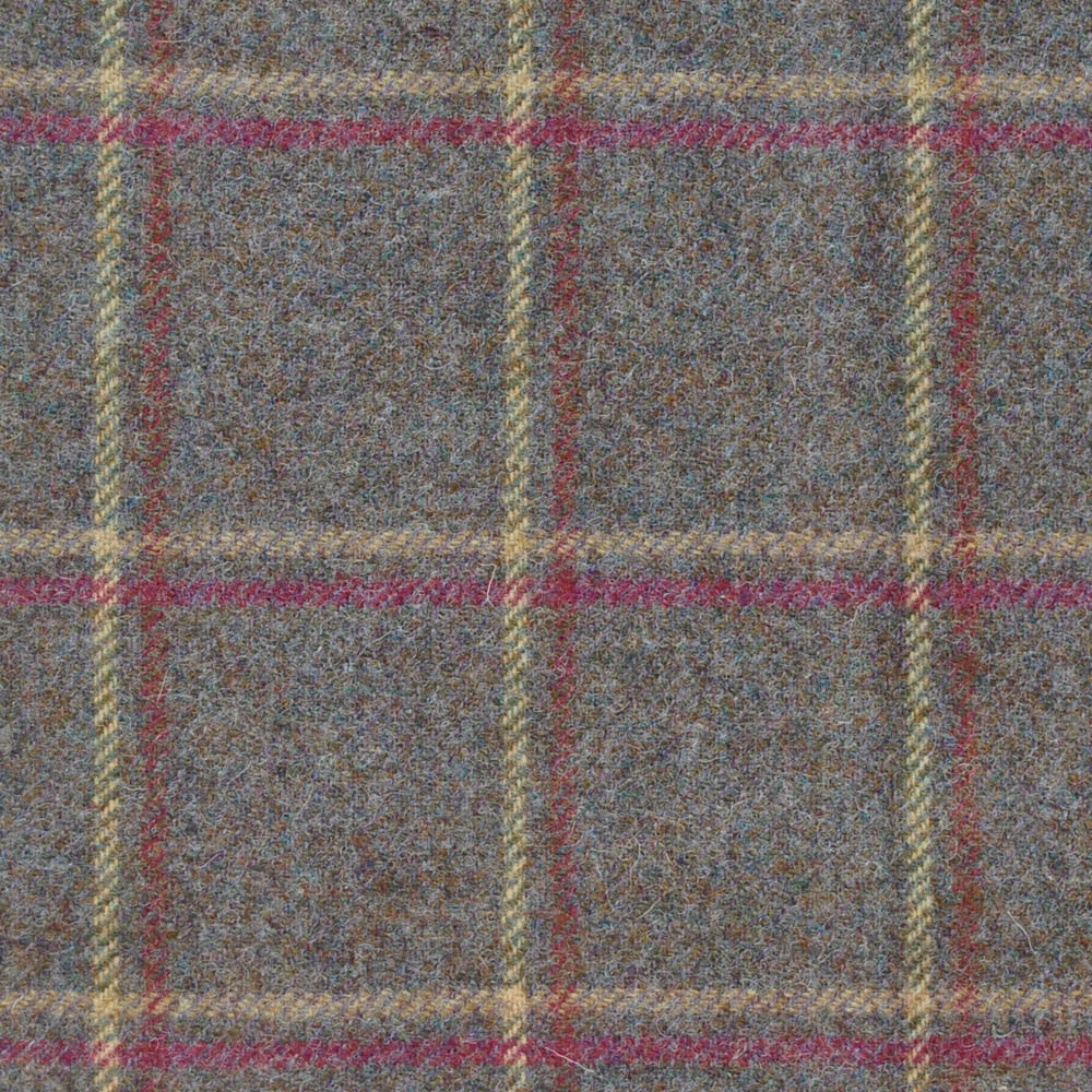 Heather grey flecked plaid with burgundy, ochre and olive windowpane lines