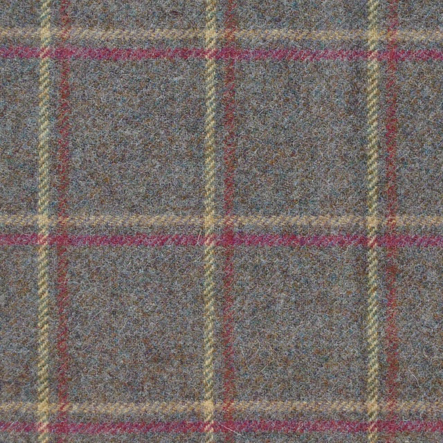 Heather grey flecked plaid with burgundy, ochre and olive windowpane lines