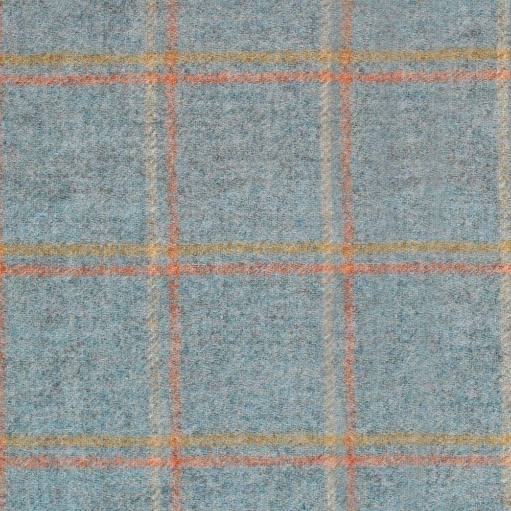 Muted sage blue-green plaid with brushed texture and ochre coral check lines