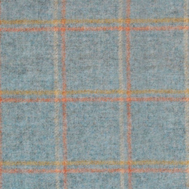 Muted sage blue-green plaid with brushed texture and ochre coral check lines