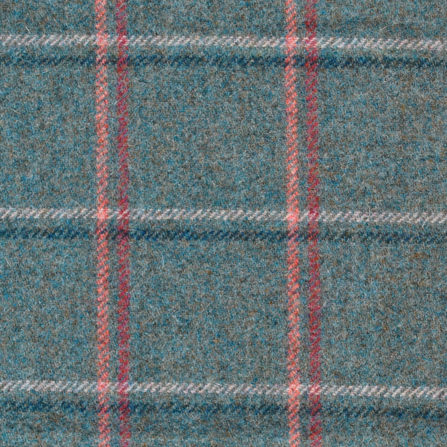 Mottled teal plaid with coral vertical and pale grey horizontal woven lines