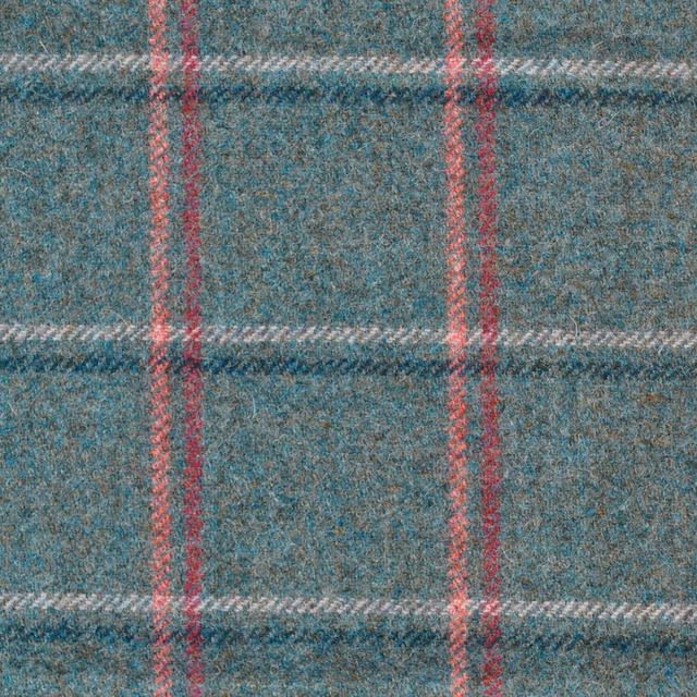 Mottled teal plaid with coral vertical and pale grey horizontal woven lines
