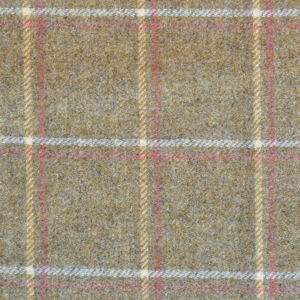 Mottled ochre checked fabric with cream, blue-grey and pink woven lines