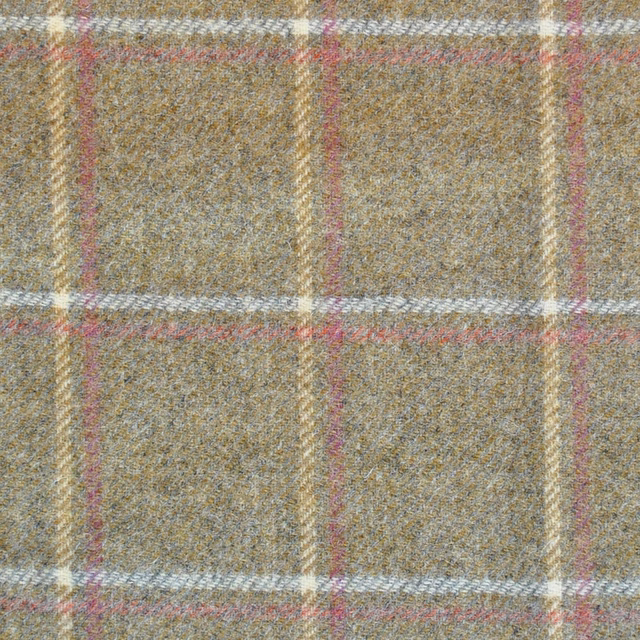Mottled ochre checked fabric with cream, blue-grey and pink woven lines