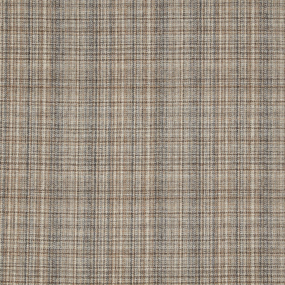Warm taupe-grey woven check with fine brown threads and a softly textured surface