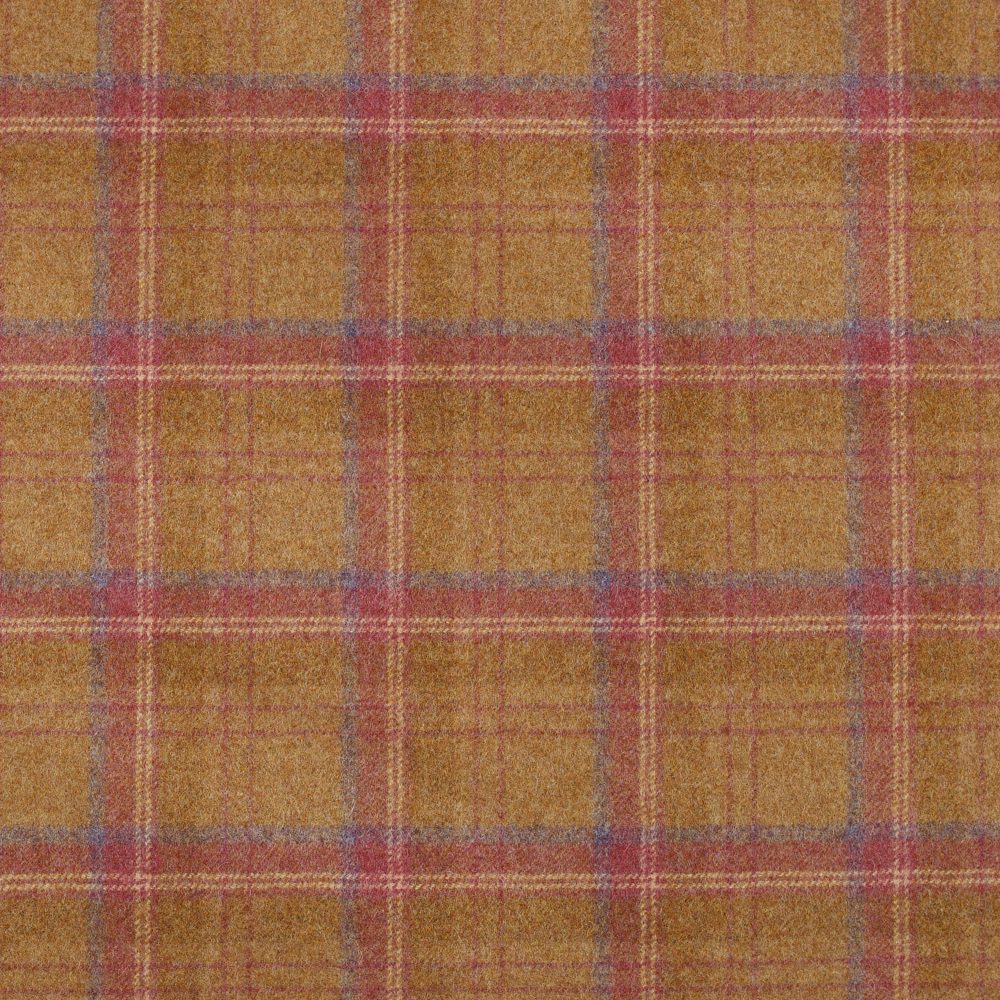 Camel plaid with berry-red and blue-grey lines in a softly textured weave