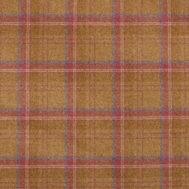 Camel plaid with berry-red and blue-grey lines in a softly textured weave