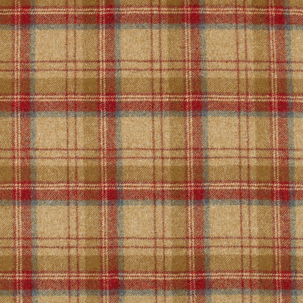 Textured beige plaid with scarlet red bands and muted blue-grey lines