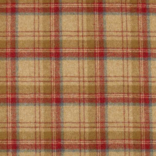 Textured beige plaid with scarlet red bands and muted blue-grey lines