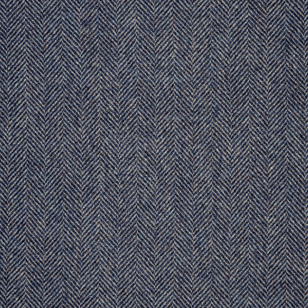 Muted denim-blue herringbone weave with fine chevrons and a softly textured surface