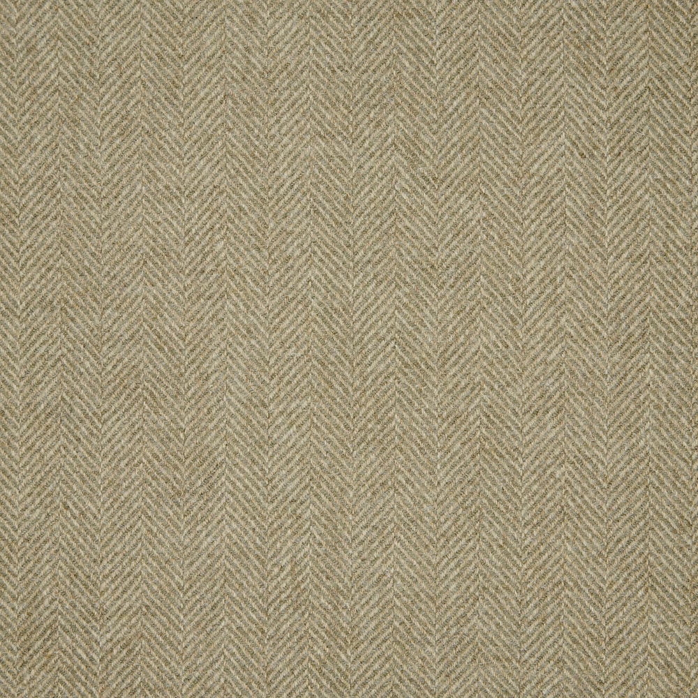 Muted fern green fabric with fine beige herringbone weave and softly flecked texture