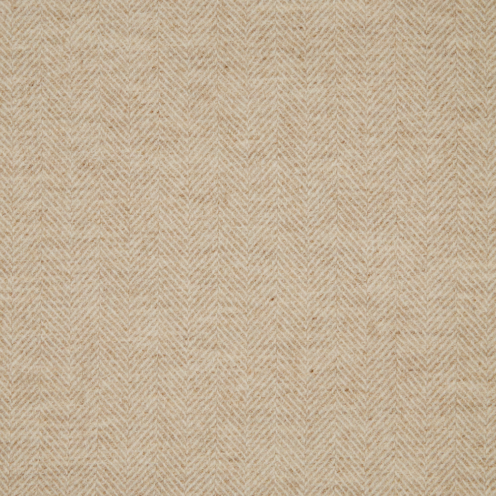 Close-up of warm linen-beige woven herringbone with fine vertical chevrons and tactile texture