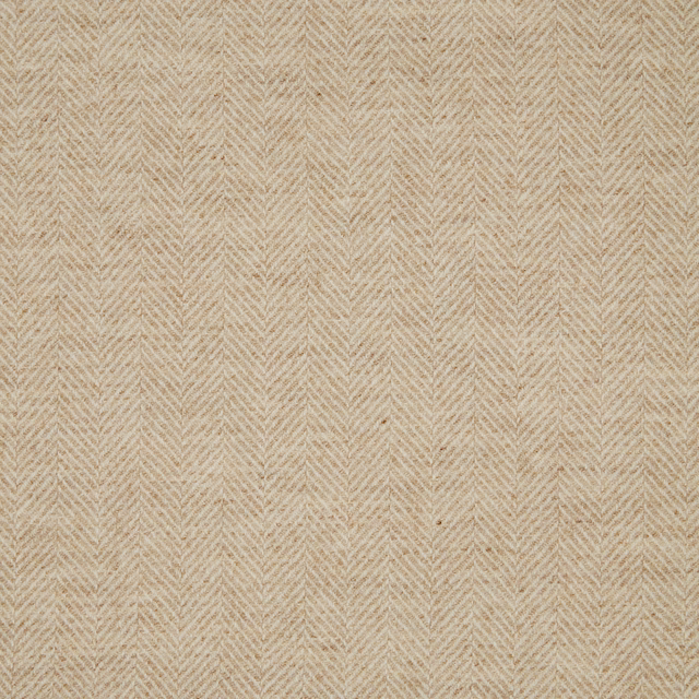 Close-up of warm linen-beige woven herringbone with fine vertical chevrons and tactile texture