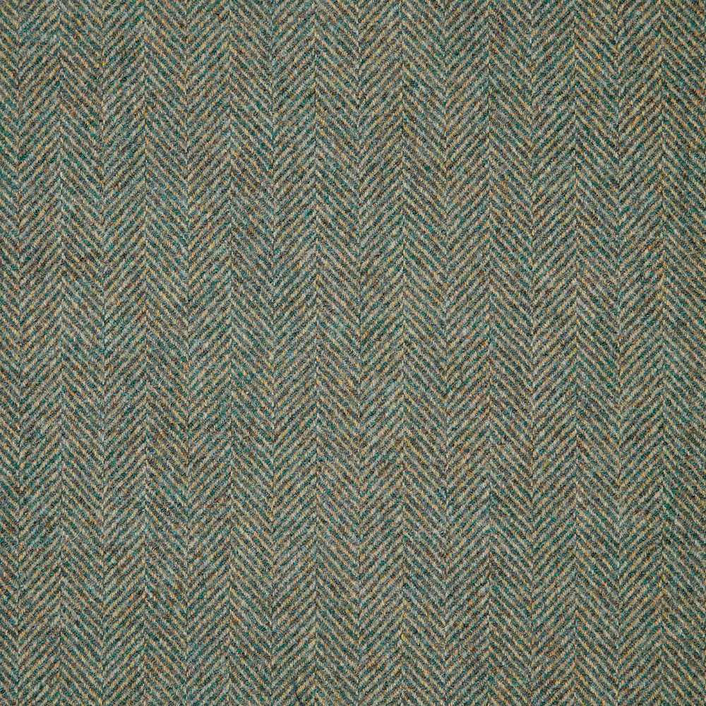 Close-up of muted marine teal fabric with fine blue-green herringbone weave and flecked texture