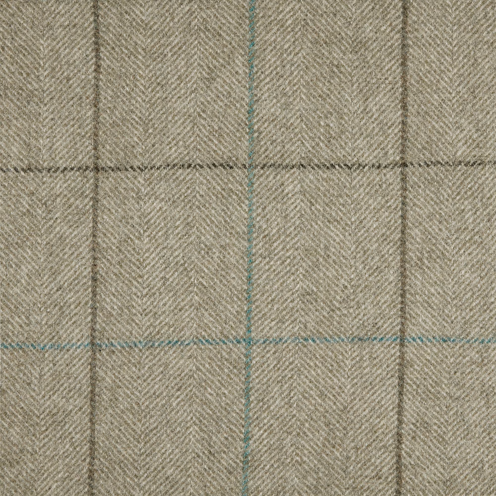 Taupe-grey herringbone weave with charcoal and turquoise pane stripes