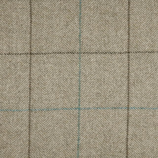 Taupe-grey herringbone weave with charcoal and turquoise pane stripes