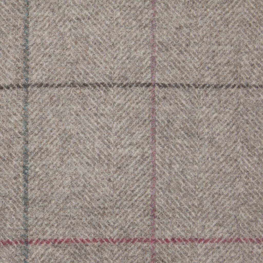 Warm greige herringbone weave with charcoal checks and berry-plum and blue-grey lines