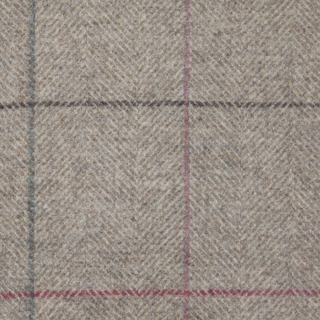 Warm greige herringbone weave with charcoal checks and berry-plum and blue-grey lines