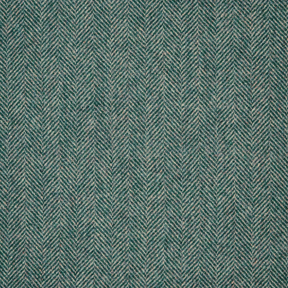 Close-up of muted teal and grey fabric with a fine directional herringbone weave