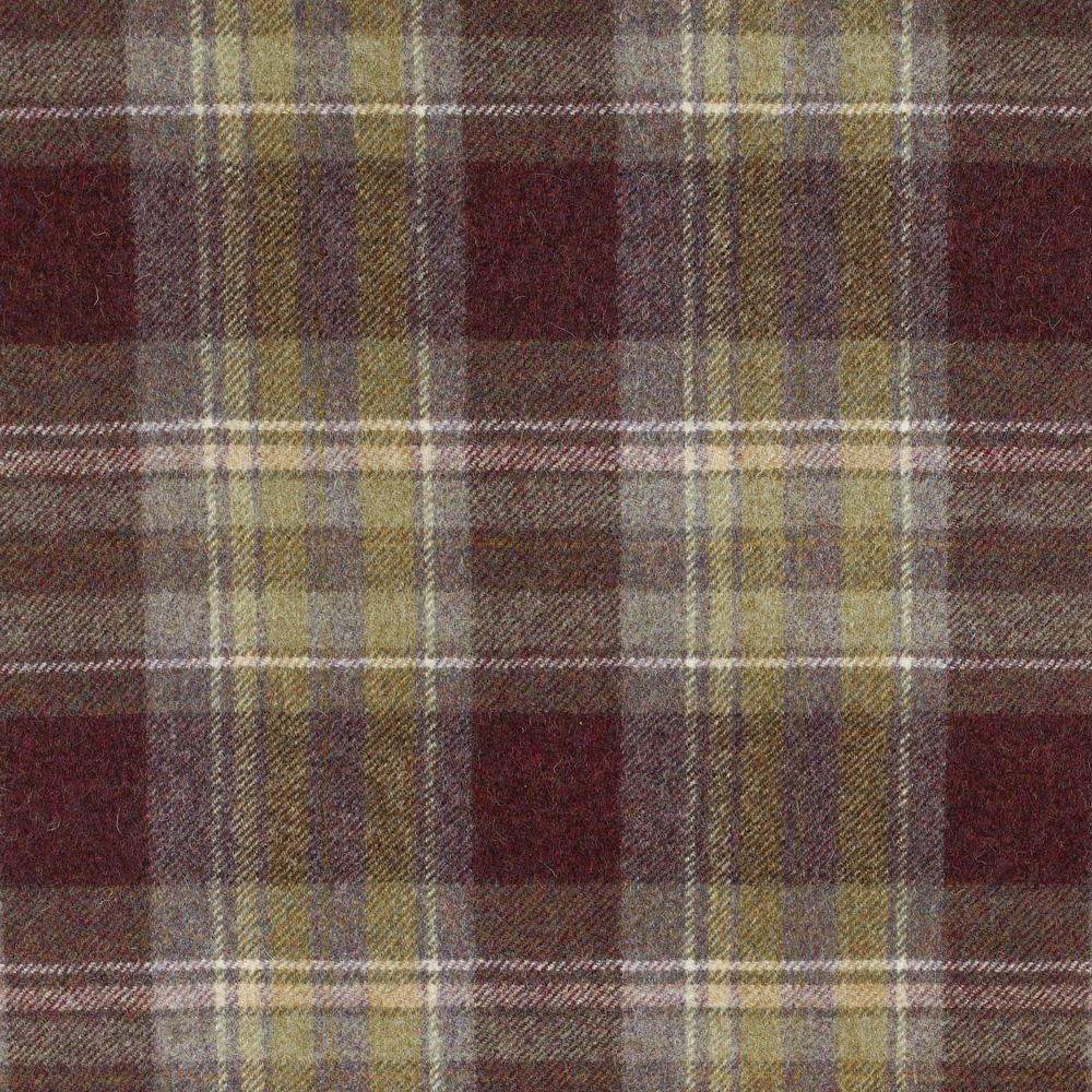 Heathered burgundy and brown plaid with olive, taupe and grey woven stripes