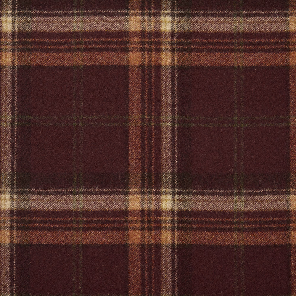 Deep burgundy plaid with tan windowpane lines and a softly textured weave